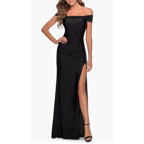 NWT La Femme 28506Off the Shoulder Dress with Tie Back and Slit Black Sz 4 $348